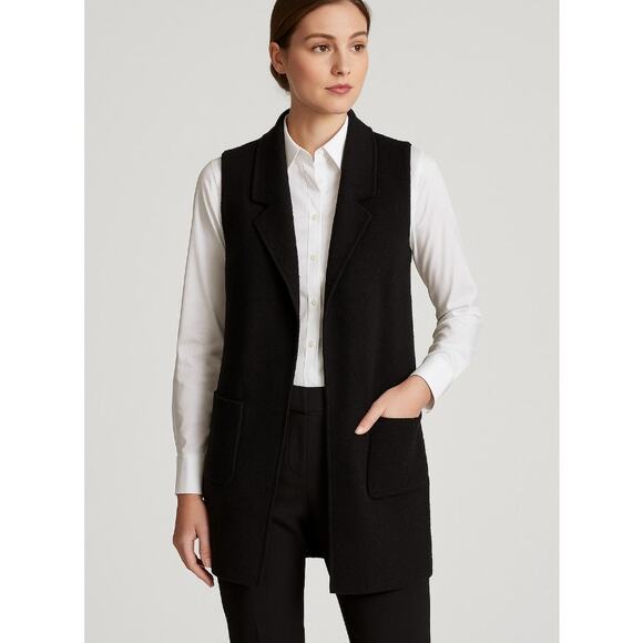 Tahari Medium Black Nubby Knit Longline Sleeveless Vest with Collar Pockets - Picture 1 of 7
